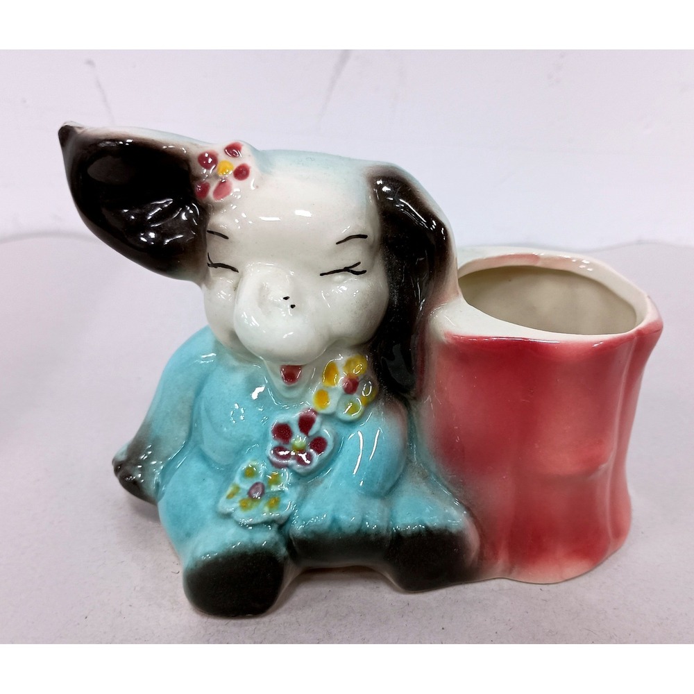 Vintage Ceramic Elephant Planter Flower Pot Blue Pink Floral Kitsch Decor